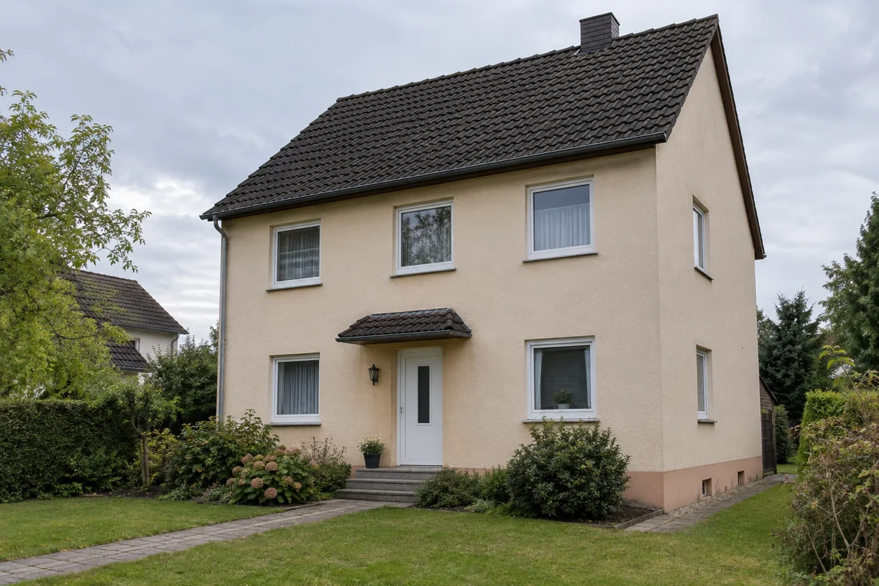 Ausgangsansicht mit blasser, leicht gealterter Fassade